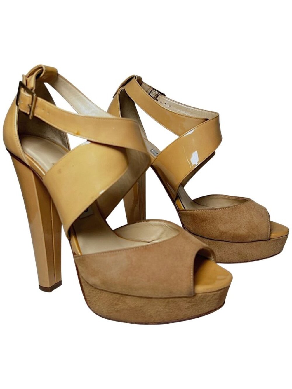 Jimmy Choo Fiery Patent Platform Ankle Strap Heel Sandals Beige EU 38 US 8 Luxe